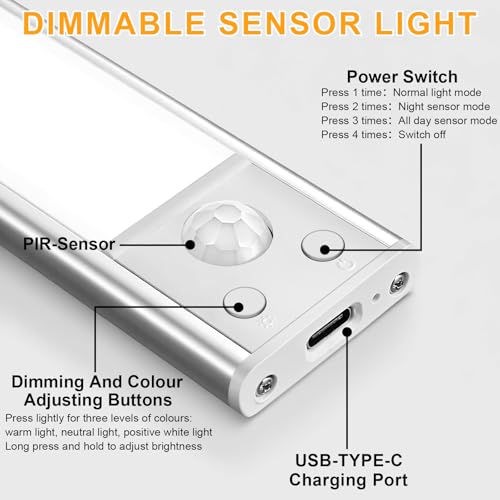 Ygvqn Lampada Da Armadio Con Sensore Led, Armadio Da Cucina Wireless Ricaricabile Usb - 30 Cm, Illuminazione A Led Da 1500 Mahled Per Cucina Ufficio Luce Notturna - Spogliatoio | 2 Pacchetti - 4