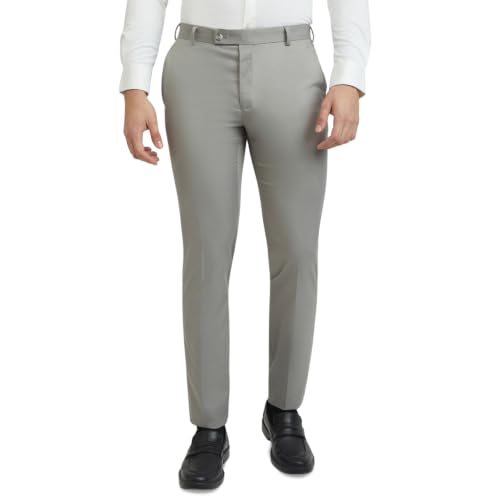 Image of Raymond Men Mid Rise Slim Fit Solid Pattern Poly Viscose Blend Flat Front Formal Trouser