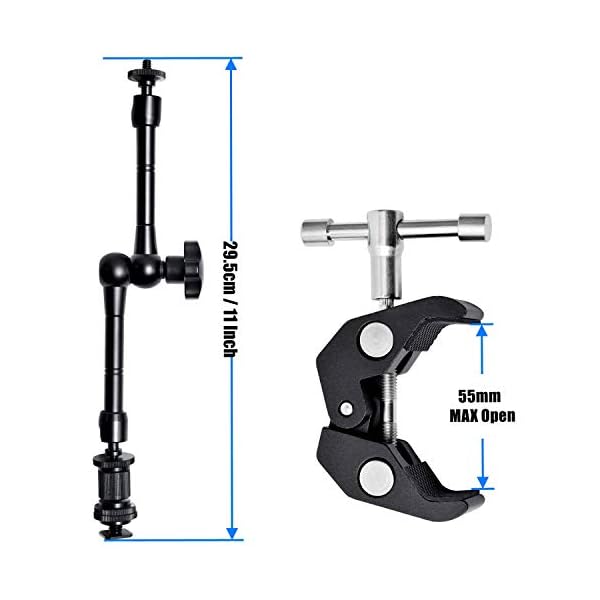 WANBY 11 Zoll Beweglicher Reibungsarm & Großer Verstellbarer Super Rod Klemme Zangenclip mit 1/4" und 3/8" Gewinde für DSLR Kamera- Rig LCD Monitor LED Leuchten Blitzlicht (Arm und Klemme) – Bild 4