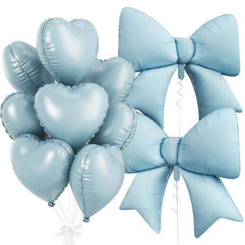 Baby Blue Heart Balloons, Foil Bow Balloons, 10Pcs 18 Inch Heart Shaped Balloon and 38 Inch Helium Light Blue Bow Foil Balloon for Girls Boys Birthday Valentines Baby Shower Bridal Wedding Decor by FunHot - Used condition - US$6.94