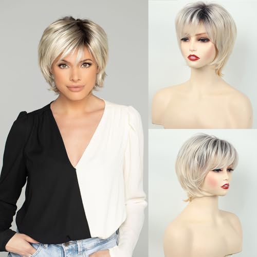 Elixano Short Straight Blonde with Dark Roots Pixie Cut Wigs