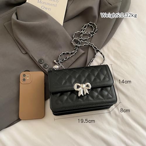 JANSBEN Handtasche Damen Klein - Kleine Umhängetasche Leder Crossbody Bag mit Kettenriemen Gesteppte Mehrere Fächer Tasche Schwarz