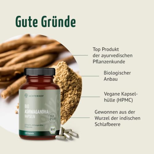 Foto von Ashwagandha Kapseln Bio 150 Stück | hochdosiert 1500mg pro Tagesdosis | fein gemahlenes Ashwagandha Pulver in Bio-Qualität | bedeutende Rolle im indischen Ayurveda | vom Achterhof