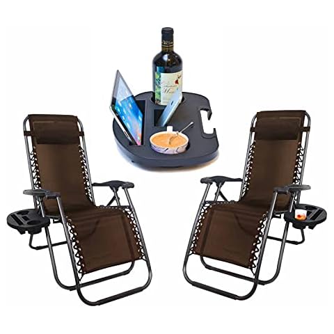 Set of Two Zero Gravity Reclining Sun Loungers In Brown | Garden Patio Foldable Reclining Chairs With Heavy Duty Tray Holding Cover
