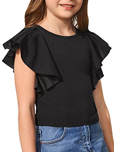 Shein Girl's Cute Ruffle Cap Sleeve Blouses Casual Round Neck Solid Tee Shirt Tops Black 11-12Y #TOP8