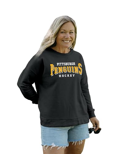 Blue 84 Women's Standard NHL Officially Licensed Crewneck Sweatshirt Reverse Terry Embroidered, Black