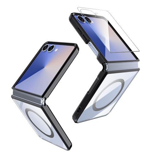 Natbok Magnetisch Hülle für Samsung Galaxy Z Flip 7 5G, Transparente Hülle mit Magsafe mit 1 Schutzglas, [Schwarz TPU Verbindungsstück faltbar Bequem] Dünn rutschfest Samsung Z Flip 7 Case Handyhülle