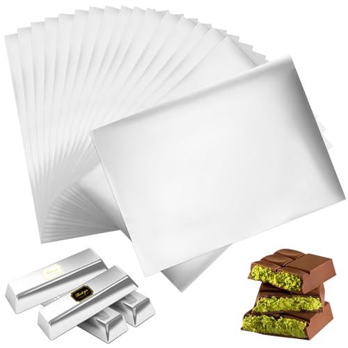 Dreamtop 100PCS Large Dubai Chocolate Bar Pistachio Wrappers Packaging with Stickers, 11 x 7.9 inch Chocolate Bar Silver Aluminum Foil Wrapper for Candy, Caramel, Granola Bar