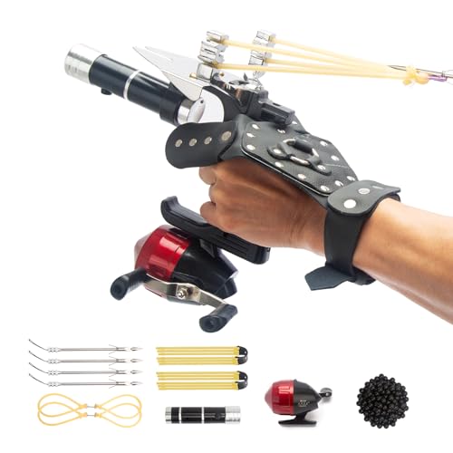 Xguis Dual Purpose Fishing Slingshot Set with Reel, Fish Darts and Clay Balls, Professional Fishing Slingshot Kit with Wrist Protect for Outdoor Hunting