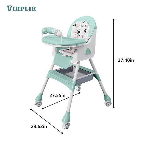 4-in-1 Foldable Baby High Chair for Babies & Toddlers, Adjustable High Chair with Removable Double Tray, Detachable PU Seat Cushion, Locking Wheels, Easy to Clean,Mint Green