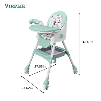 4-in-1 Foldable Baby High Chair for Babies & Toddlers, Adjustable High Chair with Removable Double Tray, Detachable PU Seat Cushion, Locking Wheels, Easy to Clean,Mint Green