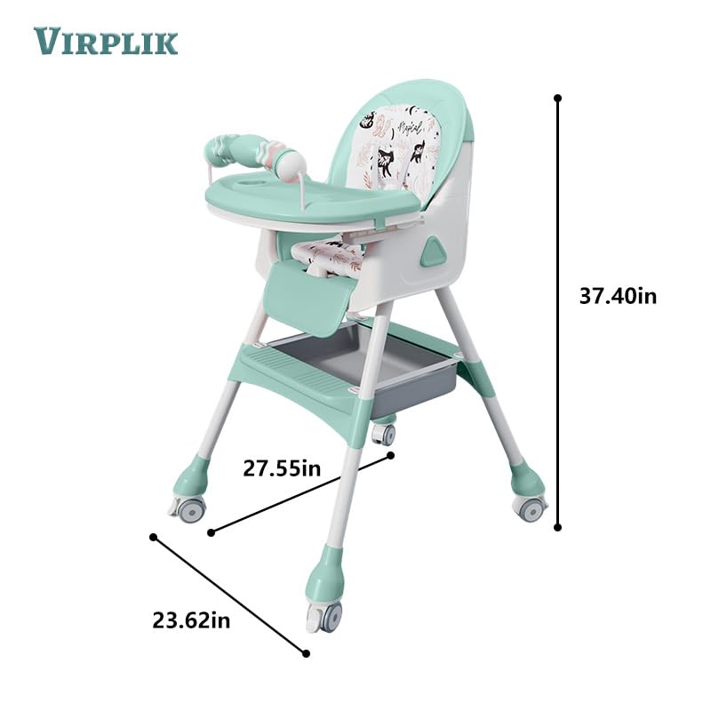 Foldable 4-in-1 Baby High Chair for Babies & Toddlers, High Chair with Detachable PU Cushion, Removable Tray, Adjustable Height, Locking Wheels,Mint Green thumbnail