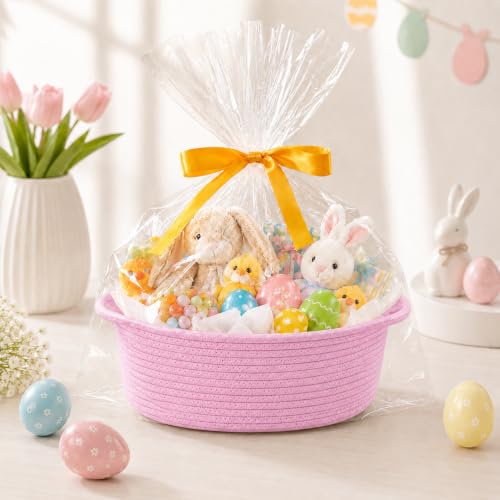 Image of Empty Gift Basket with Gift Bag & Ribbon, Woven Rope Basket, 12x8x5 inch