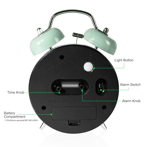 Image of AYRELY Super Loud Alarm Clock for Heavy Sleepers Adults,Twin Bell Retro 4 Inch Silent Non-Ticking Quartz with Backlight, Metal dial, Alarm Clocks for Bedrooms Bedside (saga Green)