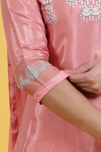 Image of W for Woman Pink Printed Shantung Straight Kurta, Pants and Dupatta Set