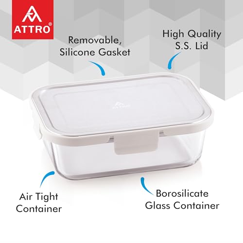 Image of ATTRO Glassox Borosilicate Rectangular Glass Lunch Box with Stainless Steel Lid Food Storage Container Microwave & Freezer Safe BPA-Free Food-Grade 1520ml, Transparent