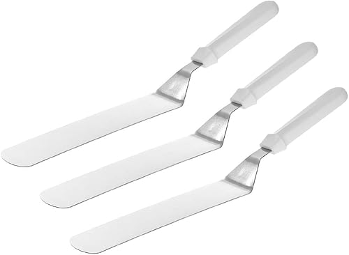 Tezzorio - Juego de 3 espátulas giratorias con mango blanco para parrilla de plancha, 8 x 3 pulgadas de acero inoxidable sólido flexible con mango