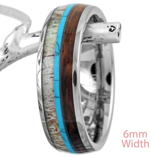 King's Cross Personalized Engraved 6mm/8mm Brilliant Polished Silver Tungsten Carbide Low Dome Band Ring with Deer Antler, Blue Turquoise, & Koa Wood Inlays.2