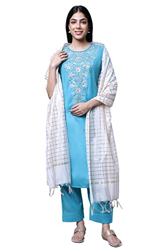 Image of Aurelia Women Solid Silk Kurta Set with Palazzo & Dupatta