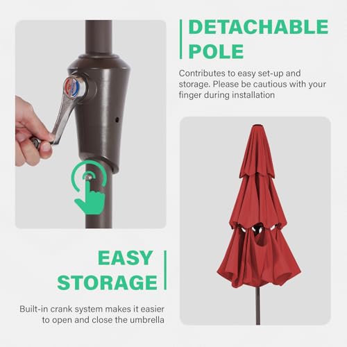Image of JEAREY 9FT 3 Tier Patio Umbrella Outdoor Market Umbrella Table Umbrellas with 8 Ribs 1.5 Pole Push Button Tilt and Crank UV Protection for Garden,Red