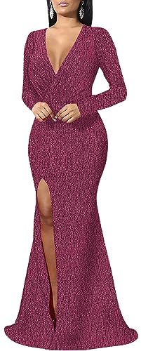 Image of Women's Sexy Long Sleeve Sparkly Maxi Dress V Neck High Slit Wrap Formal Gown Cocktail Glitter Maxi Long Dresses