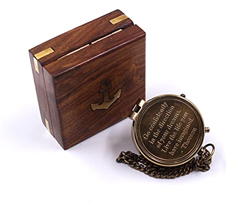 Ocean Replicas Brass Finish Compass With Famous Thoreau's Quote Engraved Go Confidently In The Direction Of Your Dreams! Live The Life You've Imagined With Chain And Indian Rosewood Storage Case. #TOP3
