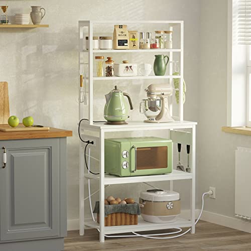 Rolanstar Baker's Rack With Power Outlet, 65.7Inch Microwave Oven Stand With 10 Hooks, Stable Coffee Bar Table, 6-Tier Kitchen Storage Shelf Rack, Kitchen Utility Rack With Hutch, White #TOP2