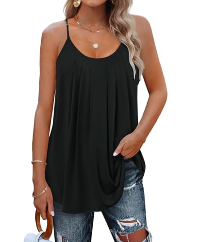 SENBATU Camiseta sin Mangas para Mujer con Tirantes Finos, sin Mangas, para Verano, Blusa Plisada con Cuello Redondo Liso Negro Large L 42-44