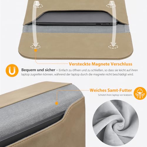 HYZUO 13.3-14 Inch Laptop Sleeve for MacBook Pro 14 M5/M4/M3/M2/M1 Pro/Max 2026-2021, 13.3" MacBook Air/Pro, 13.5-13.8 Surface Laptop, HP Envy 13, Faux Suede Leather Case with Pouch, Khaki