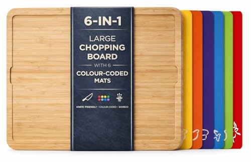 Miika Bamboo Chopping Board with 6 Colour Coded Mats & Bonus Food Scraper – Large Bamboo Cutting Board for Kitchen – Chopping Station for Meat, Vegetables, Fish, Bread & More
