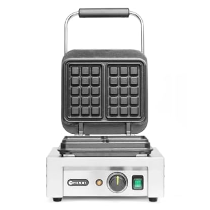 HENDI Waffeleisen 'Brüssel', Zwei 3x5 Quadrat-Muster, mit Waffelgabel, Temperatur stufenlos regelbar, antihaftbeschichtete Platten aus Gusseisen, 230V, 2200W, 320x437x(H)277mm, Edelstahl
