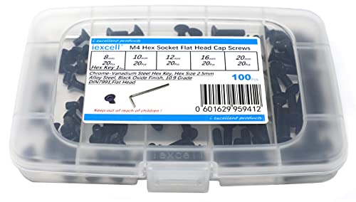iExcell 100 Pcs M4 x 8/10/12/16/20 mm Alloy Steel 10.9 Grade Hex Socket Flat Head Cap Screws Bolts Assortment Kit, Black Oxide Finish