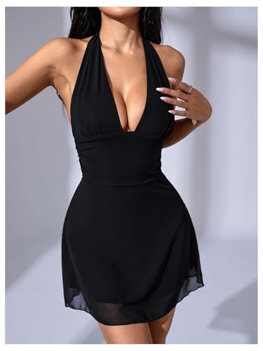 Image of Milumia Women's Deep V Neck Halter Mini Dress Sexy Bow Tie Backless Short Dress