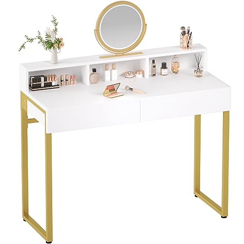Image of GreenForest Vanity Desk with 2 Drawers, White Makeup Desk with 3 Storage Spaces, 40 inch Small Desk with Gold Metal Legs, Modern Home Office Desk for Kids, Bedroom (No Mirror)