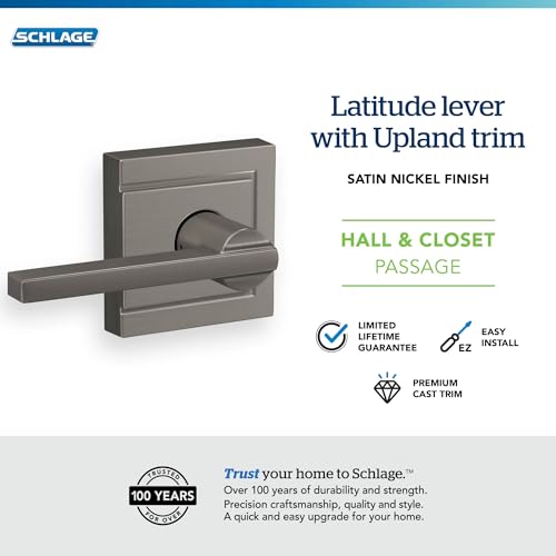 Image of Schlage Latitude Hall /Closet Passage Door Handle, Reversible, Satin Nickel | Hall or closet lever door handle with no lock, Easy to install, Certified durability, Universal fit