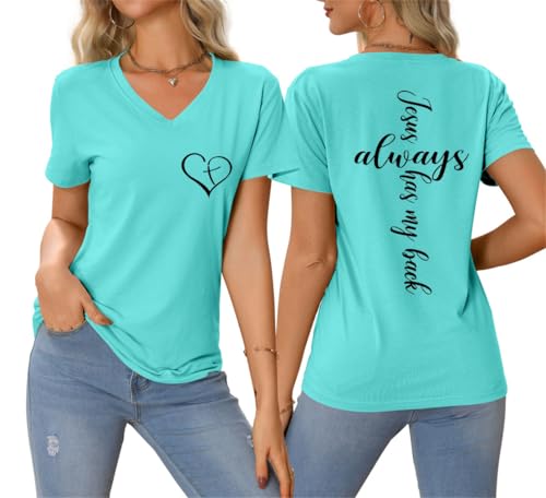 Image of Jesus Christian Shirts Womens Jesus Always Has My Back Tshirt Religious Faith T-Shirt V Neck Inspirational Funny Top