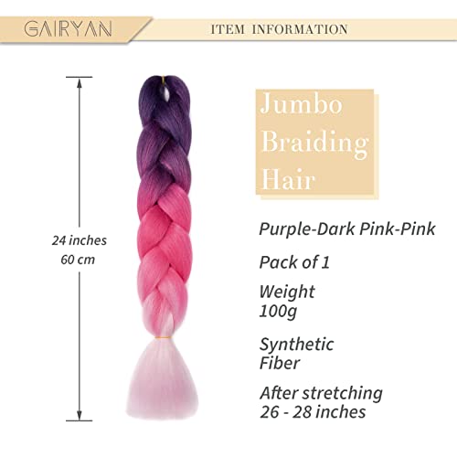 Gairyan Braiding Hair Extensions for Braiding 1 Bundle 100g 24" Ombre Jumbo Braiding Hair Colorful Synthetic Hair for Braid Soft Box Braids Crochet Twists (Purple-Rose Red-Pink) - Image 2