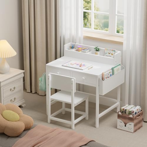 BOLUO White Kids Desk and Chair Set for 5-8 Year Old, Small Child Desk with Fabric Drawer, Children Study Table with Storage Girls Boys