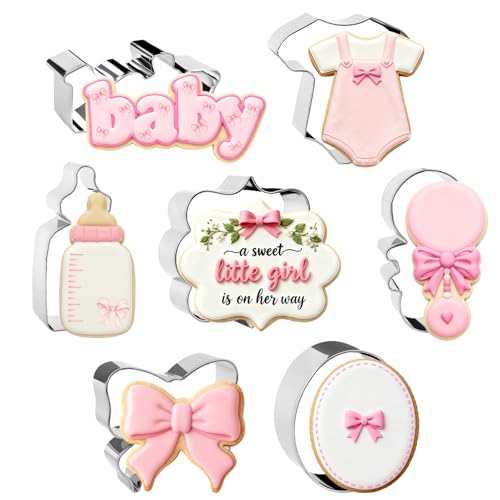 CORNER LACE 8 Pieces Bow Knot Baby Shower Cookie Cutters Set - Stainless Steel Cookie Biscuit Cutting Molds for Rattle Bottle Onesie Baby Shower Party DIY Craft Home Baking Supplies