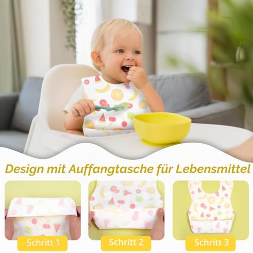 Vaktop Einweg Lätzchen, 30 Stück Lätzchen Baby, Wasserdicht Reiselätzchen mit Food Catcher Tasche für Babys Kleinkinder, Jungen und Mädchen Reisen Outdoor-Einsatz (Frucht)