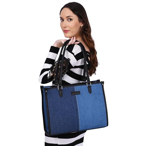 Image of Tote Bag for Women, Laptop Handbag with Adjustable & Detachable Sling Strap | Stylish Shoulder Bag for Women | Spacious Work Tote Purse (Denim Blue)