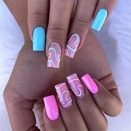 CRRLtry Press on Nails-Short Square Fake Nails Multicolor Fake Nails Press on Acrylic Nails Swirl False Nails with Ddesigns Nails 24pcs Nails Tips for Women