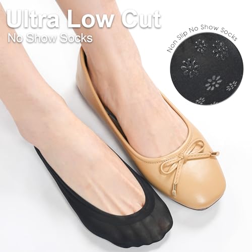Image of No Show Socks Womens for Flat Ultra Low Cut Non Slip Footies 6 Pairs | Thin Liner Nylon Footies,Invisible No See Short Low Ankle, Ballet Flat Loafer Heel,Non Slip Socks Size 5-8 /8-10