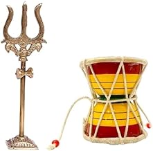 A&S Ventures Lord Shiva Trishul Statue with Square Stand and Hand Hammered Sound Damru Small Size 2.5 Inch Wooden Damru for Puja, Temple