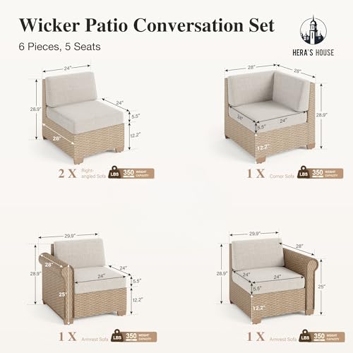 Image of HERA'S HOUSE 7 Piece Patio Furniture Set, Outdoor Sectional Wicker Sofa with Fire Pit Table, 5.5 inch Thick Waterproof Cushion All Weather 5 Seats Modular Conversation Set for Garden Deck Backyard