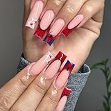 Halloween Press on Nails Long Square Fake Nails with Heart Spider & Spider Web Designs Red French Tip Nails Press ons Glossy Glue on Nails Light Pink Acrylic Nails Stick on Nails for Women 24Pcs