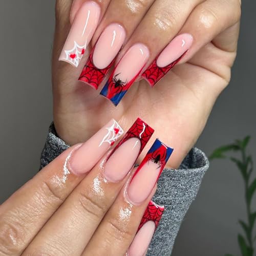 Halloween Press on Nails Long Square Fake Nails with Heart Spider & Spider Web Designs Red French Tip Nails Press ons Glossy Glue on Nails Light Pink Acrylic Nails Stick on Nails for Women 24Pcs