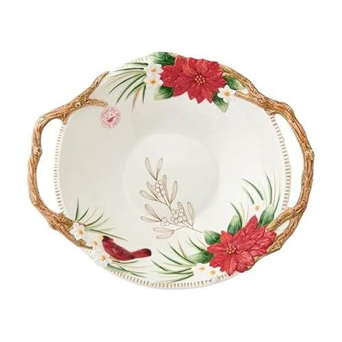 Fitz and Floyd Poinsettia Holiday Serving Bowl, Christmas Cardinal Serveware, Seasonal Centerpiece for Holiday Entertaining, 16.5 Inch