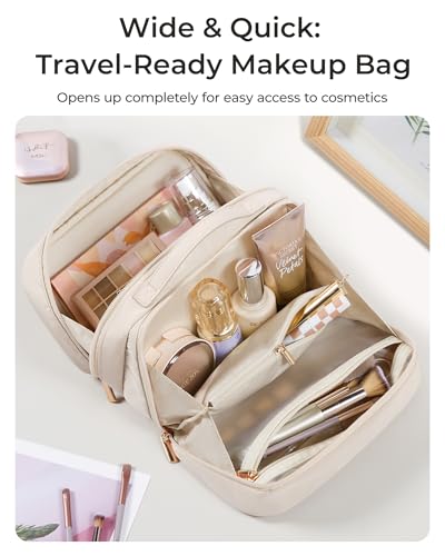 BAGSMART Travel Makeup Bag, Make Up Bag with Multiple Compartments for Organizer, Durable & Compact Cosmetic Organizer for Women for Travel Accessories (Beige)