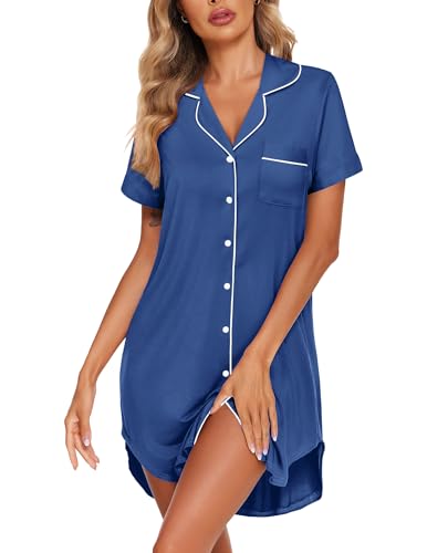 Image of Ekouaer Womens Nightgown Button Down Sleepshirts Short Sleeve Sleepwear Boyfriend Nightshirts Pajama Dress